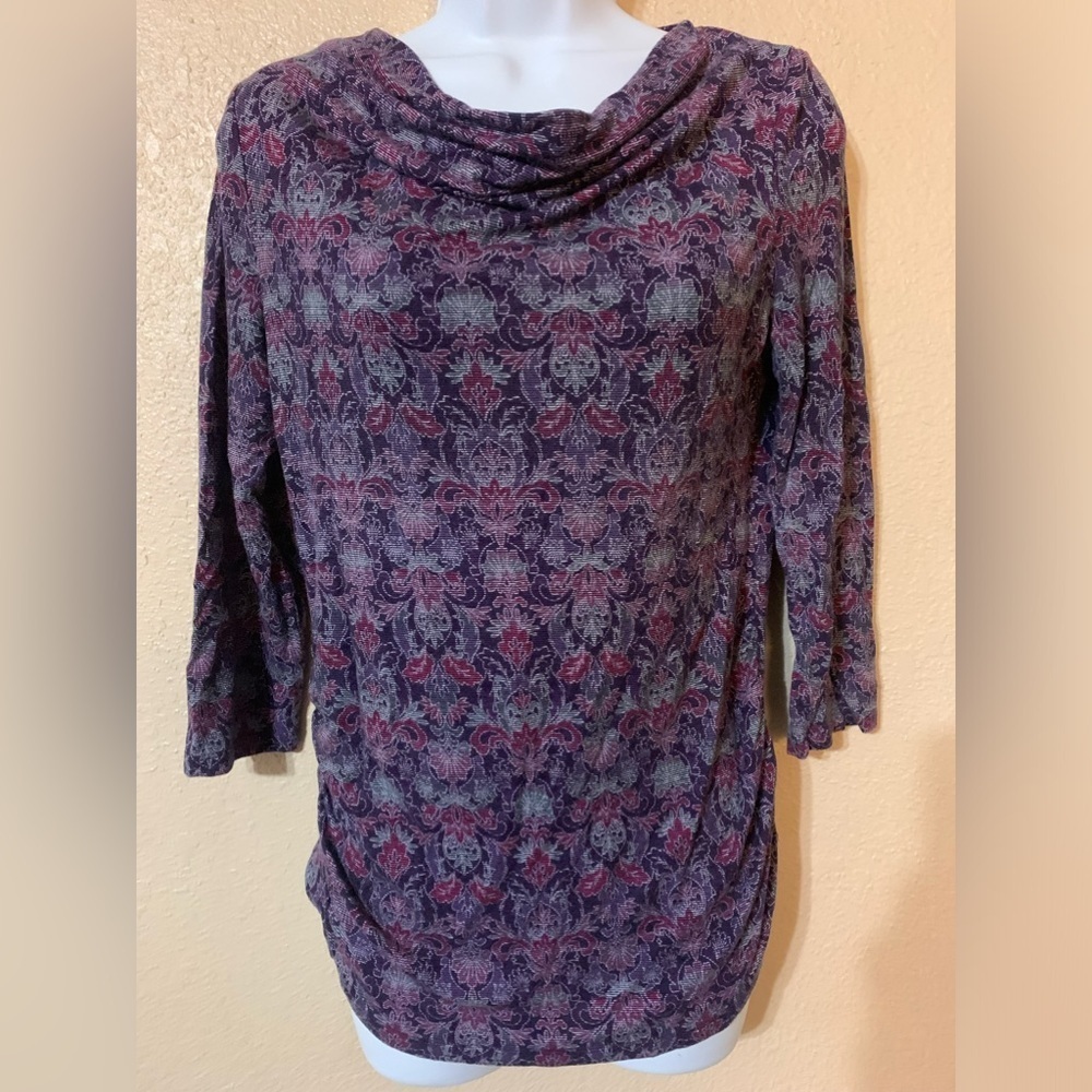 TALBOTS Women’s Floral 3/4 Sleeve Cowl Neck 100% Rayon Ruched Top - Size S